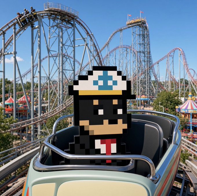 A composite/AI-generated image showing a pixelated character wearing a sailor hat and red tie riding a roller coaster cart through a large amusement park with multiple roller coasters.