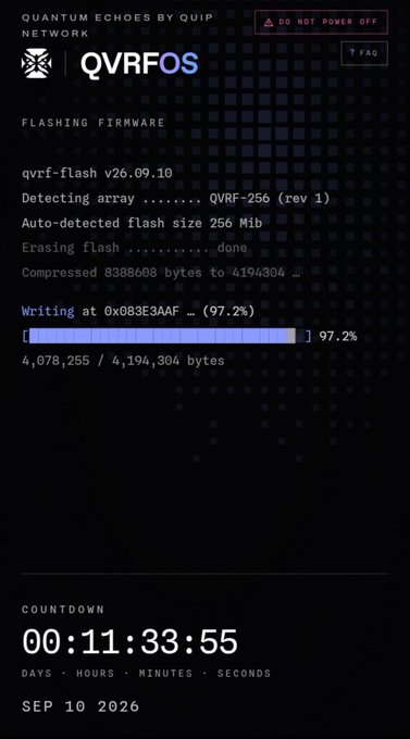 A dark interface titled 'QVRFOS' by 'Quantum Echoes by Quip Network' displays a firmware flashing progress at 97.2% (4,078,255 / 4,194,304 bytes) for a QVRF-256 device, along with a countdown timer showing 00:11:33:55 to September 10, 2026.