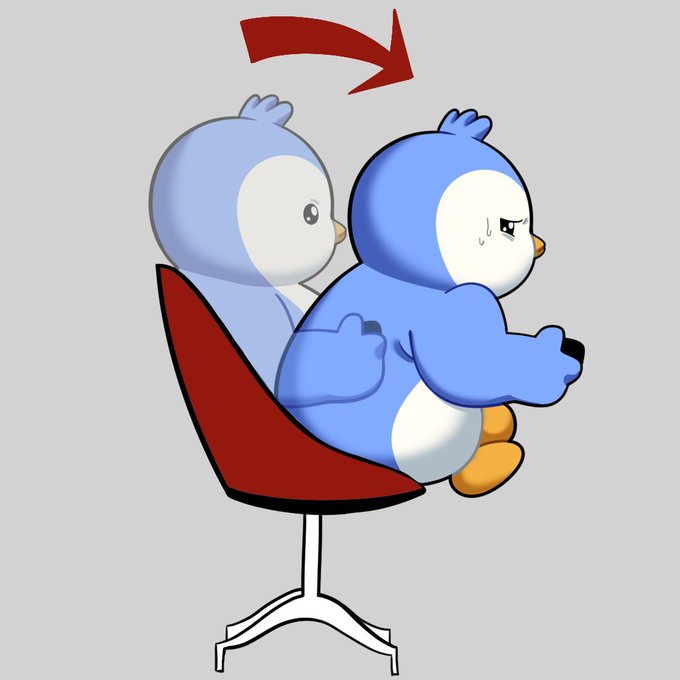 Meme illustration showing two penguin-like characters sitting on a red chair with a red arrow curving from the back one to the front one, suggesting motion or perspective shift.