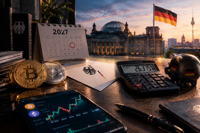 A desk scene displays a 2027 calendar marked with a circled date, a calculator showing "26375" (representing the 26.375% tax rate), coins including Bitcoin, and a piggy bank with the German flag, all set against a backdrop of Berlin's Reichstag building with the German flag flying—visually reinforcing Germany's proposed 2027 crypto taxation of 26.375%.