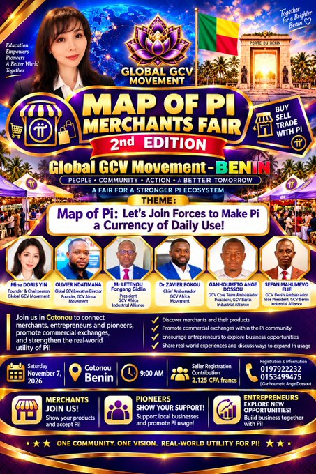 A promotional poster for the 'Map of Pi Merchants Fair 2nd Edition' hosted by the Global GCV Movement in Cotonou, Benin on Saturday, November 7, 2026, featuring speakers like Mme Doris Yin and Olivier Boatnaana, and promoting the use of Pi cryptocurrency.