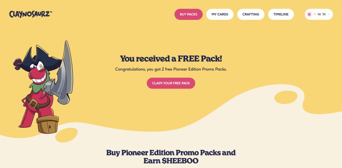 A cheerful pirate dinosaur mascot on a yellow background promotes "Claynosaurz" with a banner announcing "You received a FREE Pack!" and a pink "CLAIM YOUR FREE PACK" button, along with text reading "Buy Pioneer Edition Promo Packs and Earn SHEEBOO." The image directly supports the post by showing the free pack giveaway offer from Claynosaurz that the user just received.