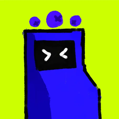 A simple digital drawing of a blue character with an angry black face on a bright yellow-green background, featuring three purple bubbles above its head.