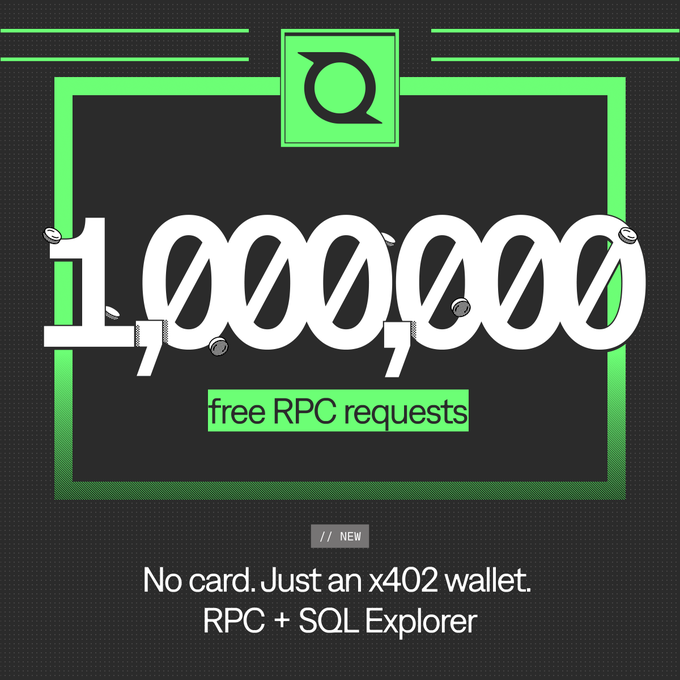 The image features an advertisement for a new service called "1,000,000 free RPC requests per month". The text indicates that this service is available via a wallet on Quicknode or a USDG account, and that agents can connect their accounts to access these requests. The post also mentions the importance of having a wallet and paying in testnet @USDC or USDG for optimal performance.