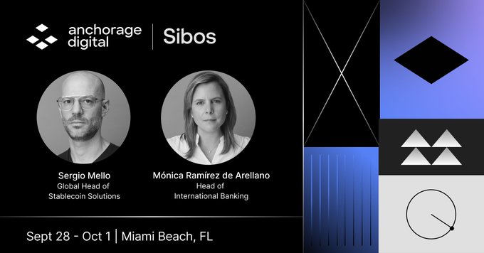 Promotional graphic for Anchorage Digital at Sibos featuring headshots of Sergio Mello and Mónica Ramírez de Arellano, dated Sept 28 - Oct 1 in Miami Beach, FL.