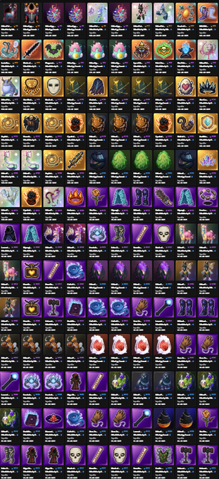 The image features a large grid of various items displayed against a gray background. The grid contains numerous small squares with different objects such as hats, swords, and other accessories. The objects are arranged in rows and columns, creating an organized layout that allows for easy comparison between them. The variety of items suggests that the post may be about shopping or exploring different options within a specific category.