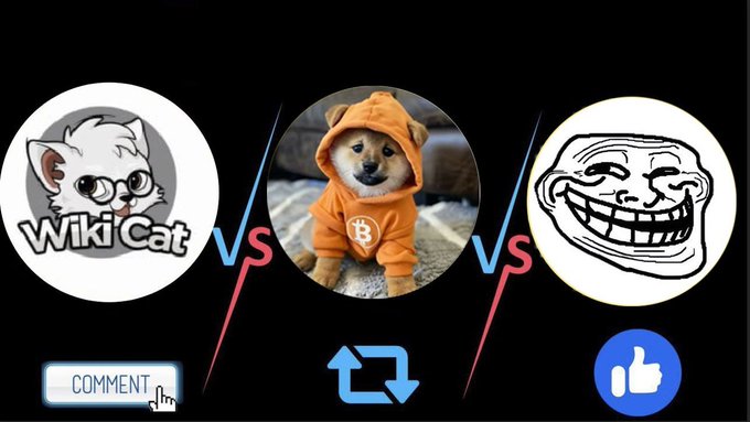 A poll image featuring three memecoins—"Wiki Cat ($WKC)" represented by a cat logo, a Bitcoin-themed doge mascot, and a classic Trollface ("$TROLL")—with "Comment" and thumbs-up buttons to invite viewer votes on which has the strongest community.