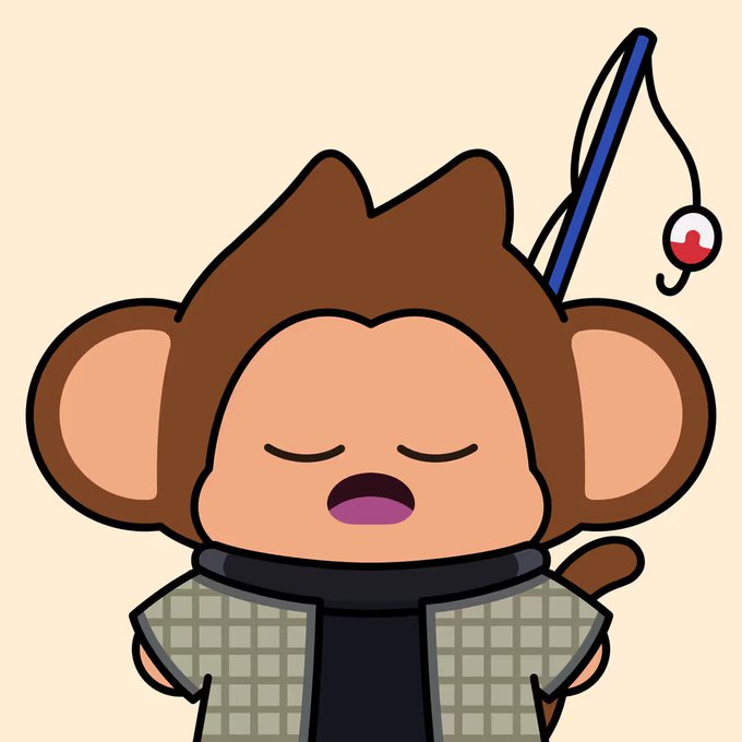 A cartoon illustration of a brown monkey character wearing a checkered jacket, with closed eyes and an open mouth, accompanied by a fishing rod with a heart-shaped bobber.