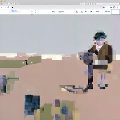 A low-resolution computer screen showing a pixelated figure of a person with dark hair and brown clothing standing in what appears to be a sparse, tan-colored environment.
