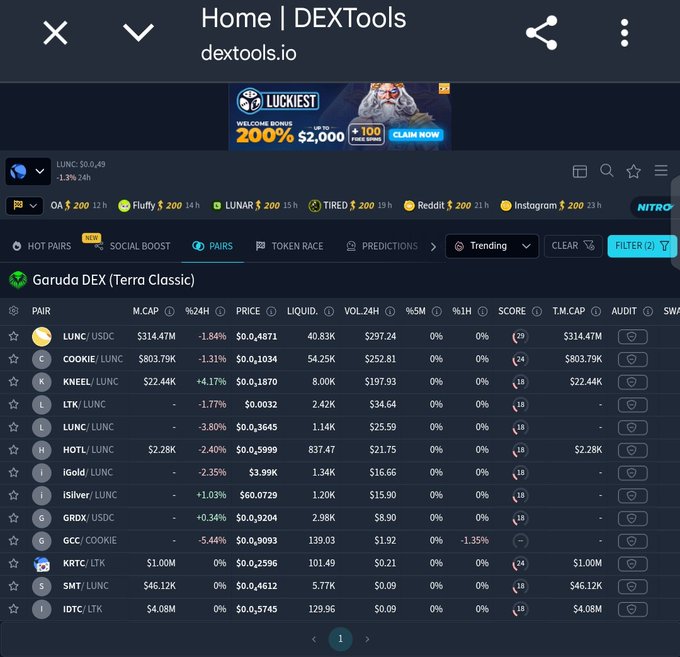 A screenshot of the DEXTools website (dextools.io) showing the Garuda DEX (Terra Classic) pairs tab, with LUNC trading at $0.4871 and a market cap of $314.47M.