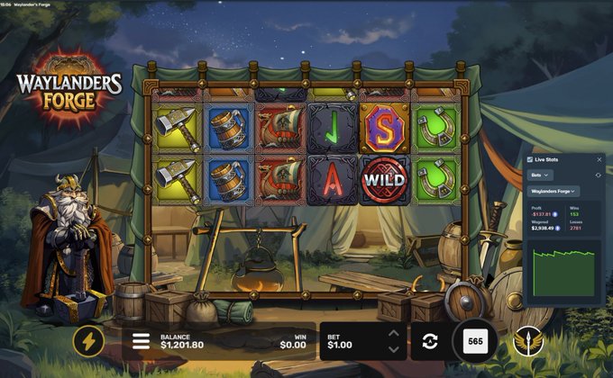 The image shows a screenshot of the "Waylanders Forge" online slot game with a balance of $1,201.80, a minimum bet of $0.00, and a bet of $1.00, aligning with the post's mention of a "$1 raw spin" gameplay session.