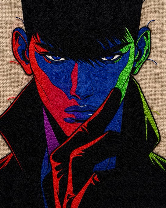 The image features a stylized, embroidered-style portrait of a man with his hand near his chin, rendered in vibrant blocks of red, blue, green, and purple against a black background—evoking the bold aesthetic often associated with Lupin III. The caption "Art is the only trend that never ends" aligns with the artwork's striking, artistic style, promoting the ITIA NFTs as a timeless creative venture.