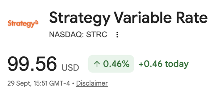 The image shows a stock ticker for Strategy Variable Rate (NASDAQ: STRC) trading at $99.56 USD, up 0.46% (+$0.46) as of 29 September at 15:51 GMT-4. This aligns with the post's observation that STRC is approaching its $100 par value, likely supported by dividend capture trading ahead of its ex-dividend date.