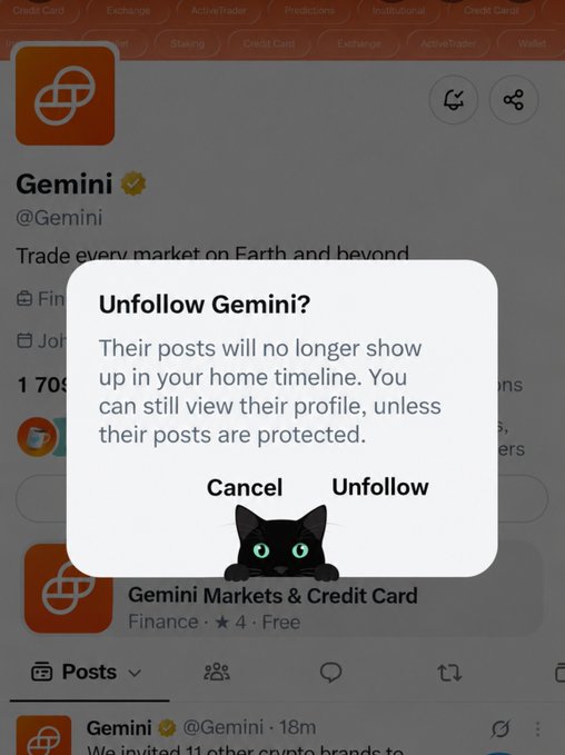 A screenshot of a Twitter 'Unfollow Gemini?' prompt on the Gemini Markets & Credit Card profile, decorated with a small black cat graphic.