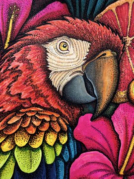 A stylized illustration of a red parrot with yellow and green plumage, surrounded by vibrant pink hibiscus flowers and intricately patterned feathers, likely serving as a vibrant visual identifier for the NFT token linked on Objkt.com.