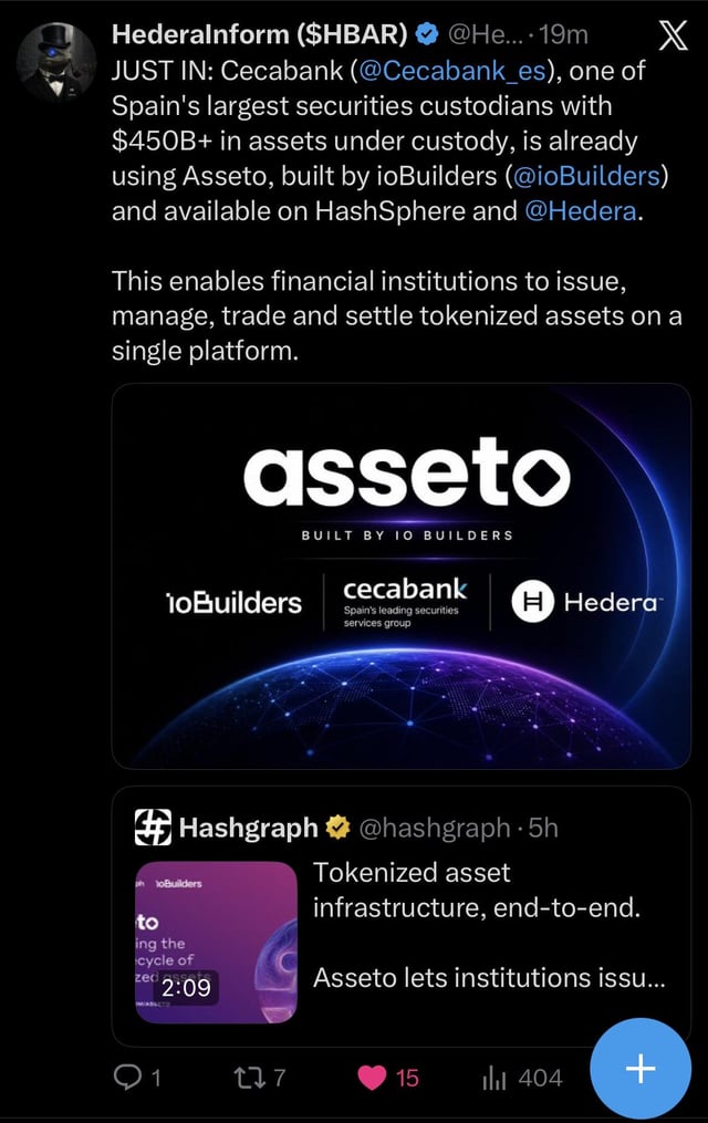 A tweet from @HederaInorm ($HBAR) announcing that Cecabank ($450B+ AUM) is using 'asseto' built by ioBuilders, available on HashSphere and Hedera, with a quoted tweet from @hashgraph about tokenized asset infrastructure.