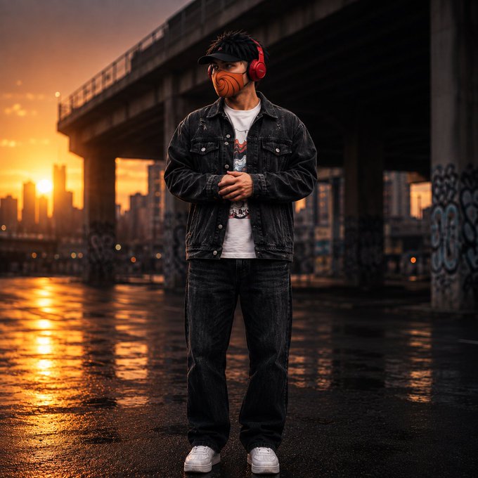 A man wearing red headphones and an orange face mask stands under a city overpass at sunset, with wet pavement reflecting the warm light. The caption’s “GM CT” and “TGIF” suggest a welcoming Friday morning or casual return to the community, matching the upbeat streetwear aesthetic.