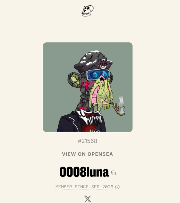 A digital illustration of a grotesque, cartoonish creature smoking a cigarette and wearing a suit, displayed as NFT #21568 by user '0008luna' with a 'VIEW ON OPENSEA' link.