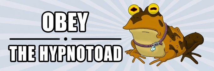 A banner reading 'OBEY THE HYPNOTOAD' featuring the cartoon character Hypnotoad from Futurama.