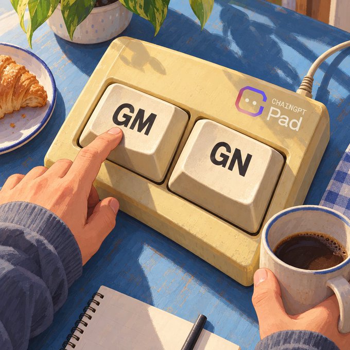 A hand presses the "GM" button on a cream-colored "ChainGPT Pad" device while another hand holds a coffee mug, with the "GN" button visible alongside. The cozy morning scene—with a croissant, notebook, and plants—captures the simplicity of digital greetings replacing small talk in the crypto age.