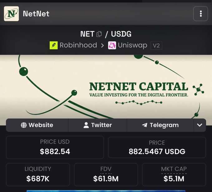 A cryptocurrency token page for 'NetNet' showing the NET/USDG trading pair, available on Robinhood and Uniswap V2, branded as 'NETNET CAPITAL - VALUE INVESTING FOR THE DIGITAL FRONTIER', with price $882.54, liquidity $687K, FDV $61.9M, and market cap $5.1M.
