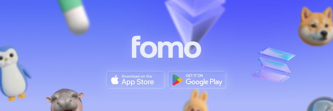 A promotional banner for "fomo" displayed on a blue background with floating app store buttons (App Store and Google Play), surrounded by 3D animal icons including a penguin, dog, llama, and turtle, alongside the Moby screener link mentioned in the post.