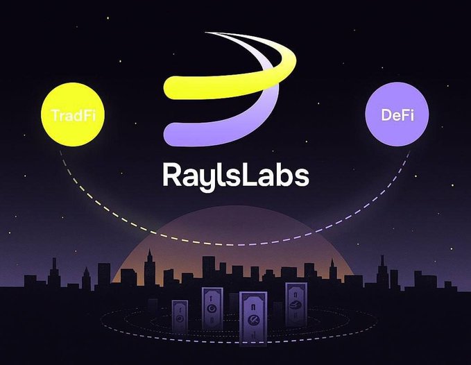 A graphic for RaylsLabs featuring a logo with yellow and purple elements, connecting circles labeled "TradFi" and "DeFi" above a stylized city skyline at dusk.