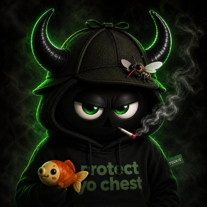 A stylized 3D illustration of a black-hooded grim reaper character with glowing green eyes, devil horns, a cigarette, a bee on its cap, and a small orange fish, with text reading 'protect yo chest' and 'YOUKIE'.