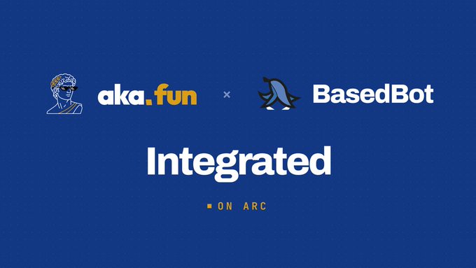 A blue promotional graphic featuring the aka.fun and BasedBot logos side by side with an "x" between them, accompanied by a classical bust icon and penguin mascot, displays bold white text reading "Integrated" with "ON ARC" highlighted in orange beneath it—visually reinforcing the announcement of the aka.fun and BasedBot integration on the Arc platform.