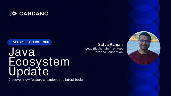 A promotional banner for the Cardano "Developers Office Hour" featuring Satya Ranjan, Lead Blockchain Architect at the Cardano Foundation, focused on a Java Ecosystem Update. The dark blue graphic displays the Cardano logo alongside a headshot of Satya, tying directly to the post announcing Friday's developer session from 08:00-09:00 UTC.