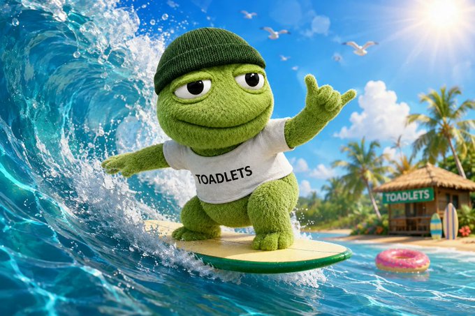 A 3D animated green frog character wearing a beanie and a white 'TOADLETS' shirt, surfing on a wave at a tropical beach with a 'TOADLETS' shack in the background.