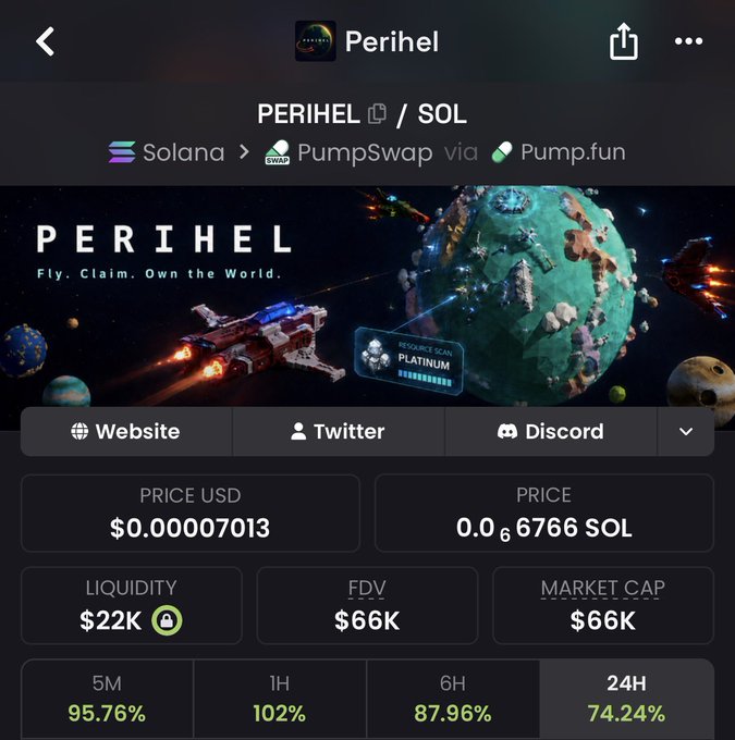 A token information page for "PERIHEL / SOL" on the Solana blockchain via PumpSwap, showing a price of $0.000007013, $22K liquidity, $66K market cap, and tagline "Fly. Claim. Own the World."