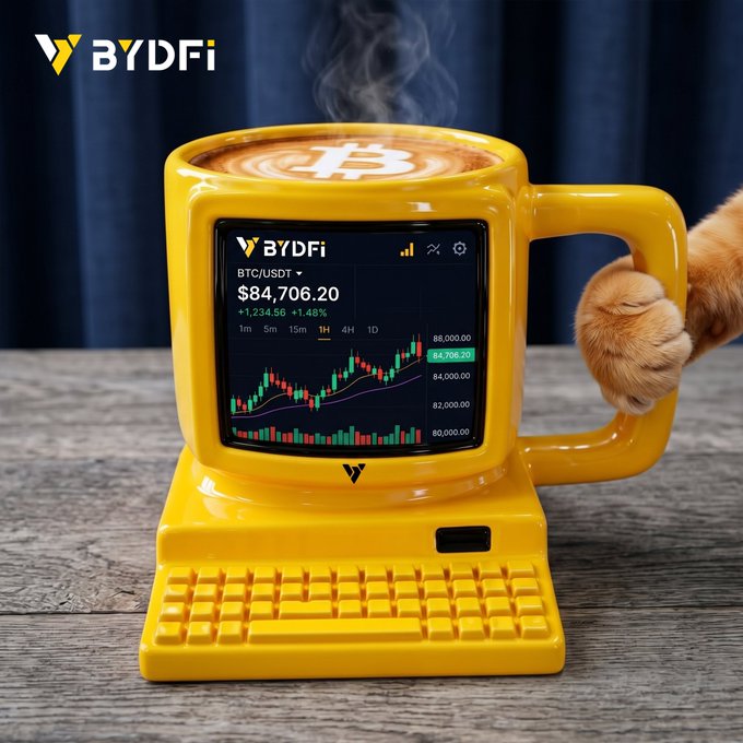A yellow mug shaped like a retro computer displaying a BYDFi BTC/USDT trading chart at $84,706.20, with a cat paw reaching for it.