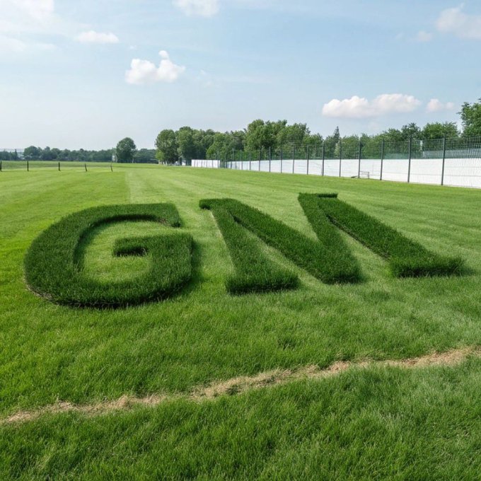 An aerial view of the letters 'GWI' sculpted from topiary shrubbery on a large green lawn under a partly cloudy sky.
