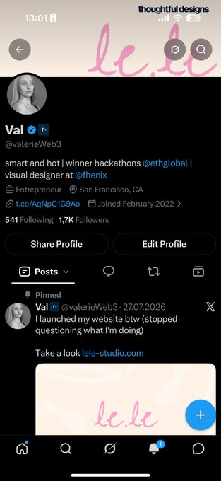 A Twitter/X profile screenshot for 'Val' (@valerieWeb3) showing a verified checkmark, bio mentioning 'smart and hot | winner hackathons @ethglobal | visual designer at @thenix', based in San Francisco, CA, with 1.7K Followers.