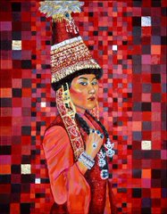 A stylized portrait painting of a person in traditional ceremonial attire with an ornate headdress, set against a background of red, pink, and purple pixel-like blocks.