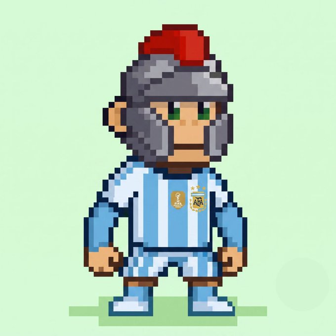A pixel art character wears an Argentina national football team jersey with the AFA logo, a FIFA World Champion badge, and a red pom-pom hat.
