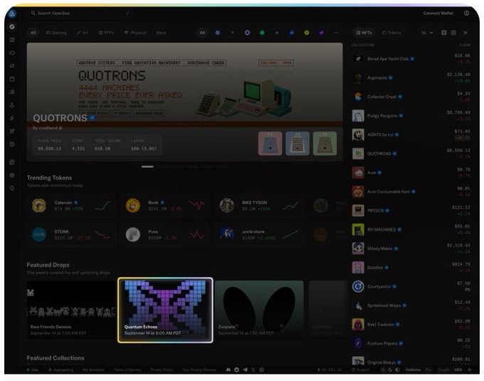 A screenshot of the OpenSea NFT marketplace interface showing trending tokens, featured drops, and the 'QUOTRONS' collection.