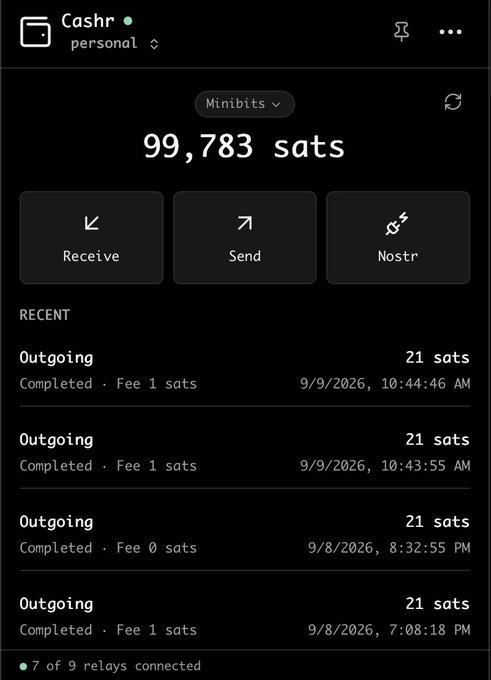 The screenshot displays the Cashr app interface for a Minibits wallet showing a balance of 99,783 sats, with Receive, Send, and Nostr action buttons and a list of recent outgoing transactions of 21 sats each. This illustrates the wallet's Lightning and Nostr functionality described in the accompanying post about Cashr being a combined Cashu wallet and Nostr signer for macOS.