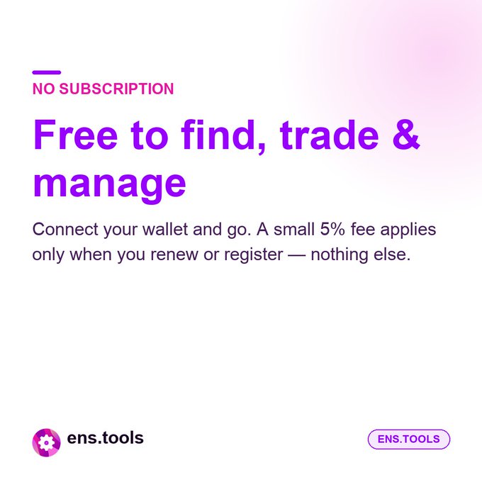 An advertisement for ens.tools reading 'NO SUBSCRIPTION — Free to find, trade & manage' with text explaining a 5% fee only applies on renewal or registration.