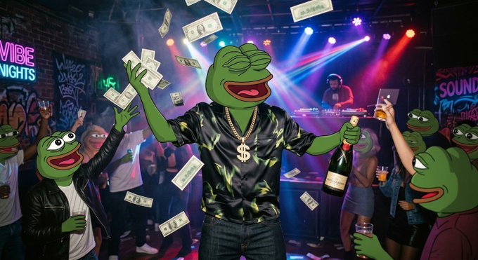 An AI-generated image of cartoonish green frogs partying in a nightclub, with the central frog wearing gold jewelry and throwing money while holding a champagne bottle.