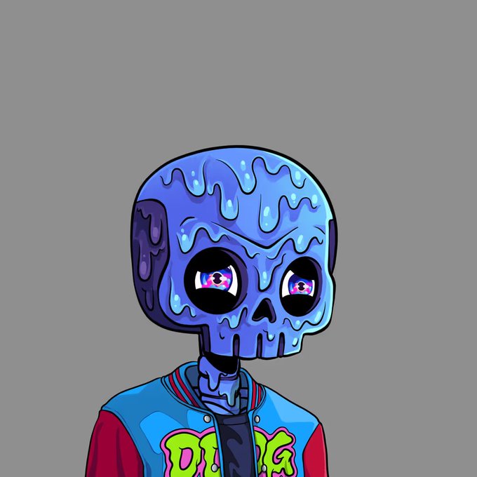 Digital illustration of a stylized skull character with a blue dripping/glowing texture, large expressive eyes, and a jacket with colorful patches, set against a gray background.