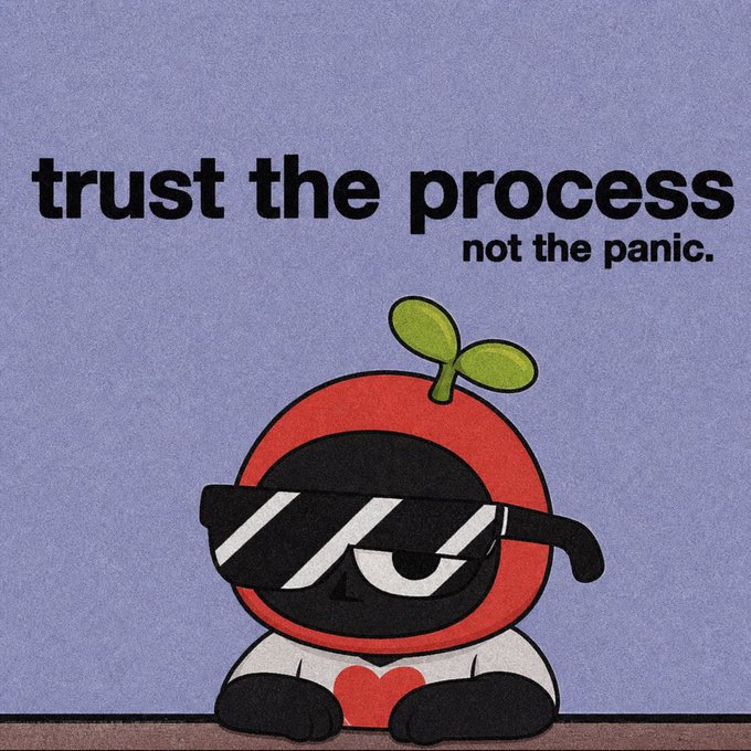 An illustration of a cartoon character with a red body, wearing sunglasses and sitting down, with the text 'trust the process not the panic.'