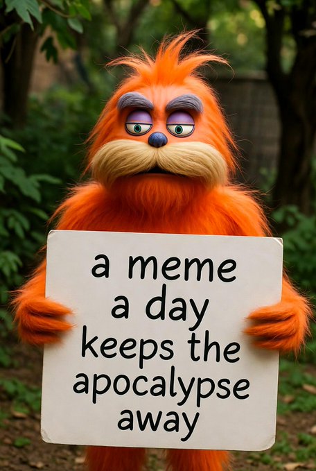 An orange, furry monster character holding a white sign that reads 'a meme a day keeps the apocalypse away' in a forest setting.