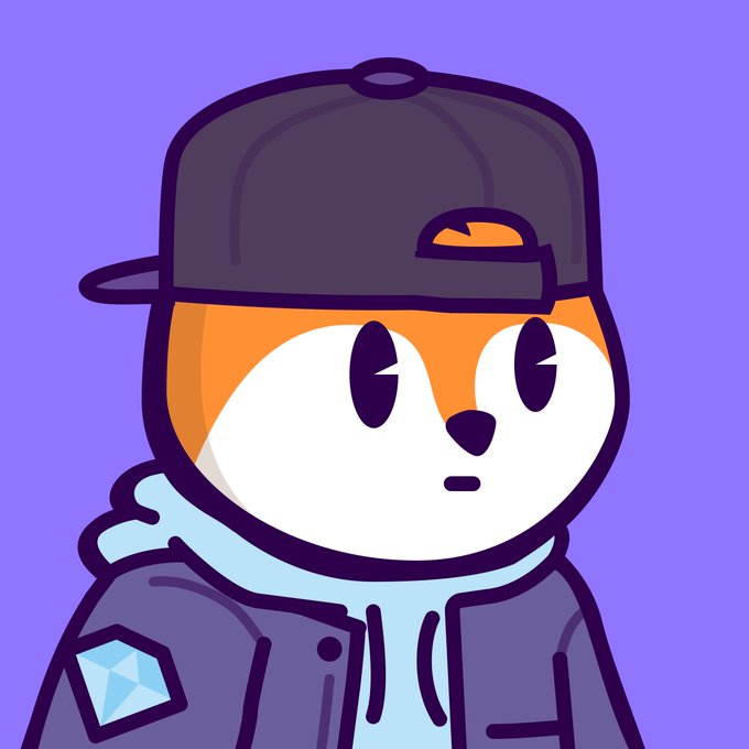 A cartoon illustration of an orange dog character wearing a black backwards cap, hoodie, and a jacket with a diamond logo on a purple background.