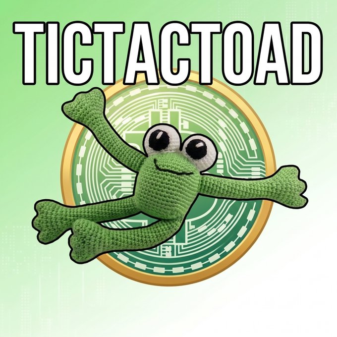 A logo design for "TICTACTOAD" featuring a crocheted green frog character with big eyes posed in front of a gold and green tech-themed coin.