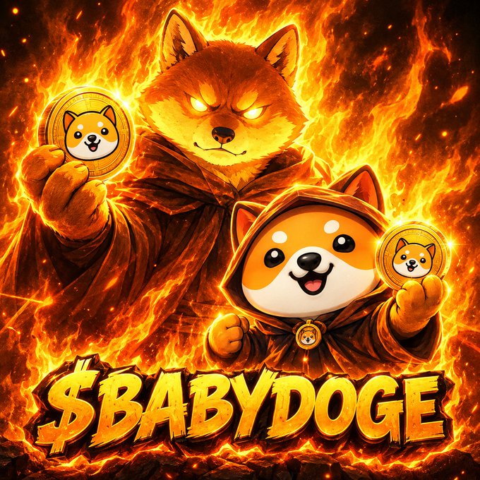 A fiery digital illustration of an anthropomorphic Shiba Inu dog in a cloak holding a Dogecoin, alongside a smaller cartoon Shiba puppy also holding a coin, with bold '$BABYDOGE' text below in flames.