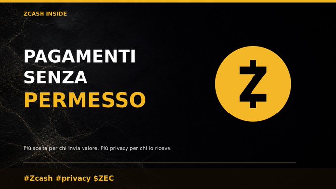 A Zcash promotional banner features the text 'PAGAMENTI SENZA PERMESSO' (Permissionless Payments) in Italian, alongside the yellow Zcash 'Z' logo and hashtags '#Zcash #privacy $ZEC'.