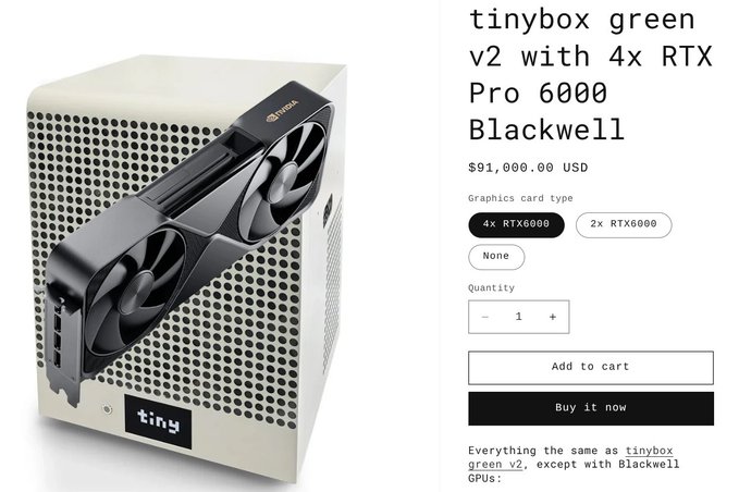 A product listing page for a 'tinybox green v2 with 4x RTX Pro 6000 Blackwell' priced at $91,000.00 USD, showing a compact white computer chassis with dual large fans.