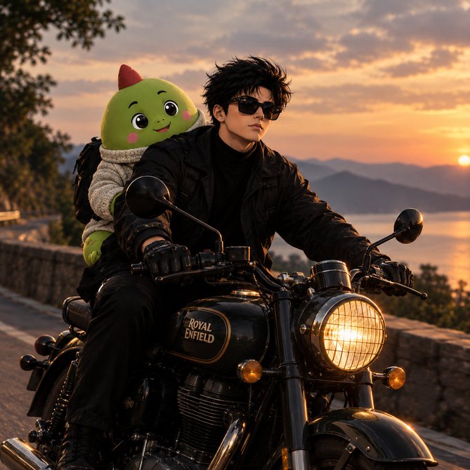 A young man in black leather attire and sunglasses rides a Royal Enfield motorcycle at sunset, with a green mascot plush character riding on the back.